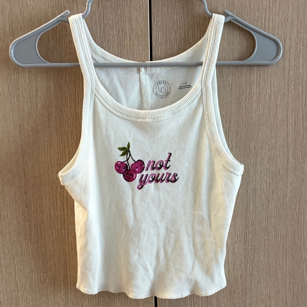 Urban Outfitters Cream Ribbed Tank with Pink Cherry Embroidery
